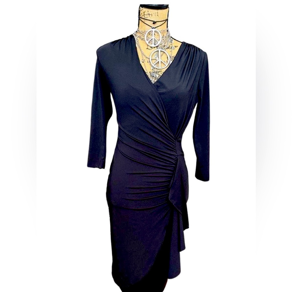 VENUS Black Asymmetrical Draped Cocktail Dress with 3/4 Long Sleeves- Size M